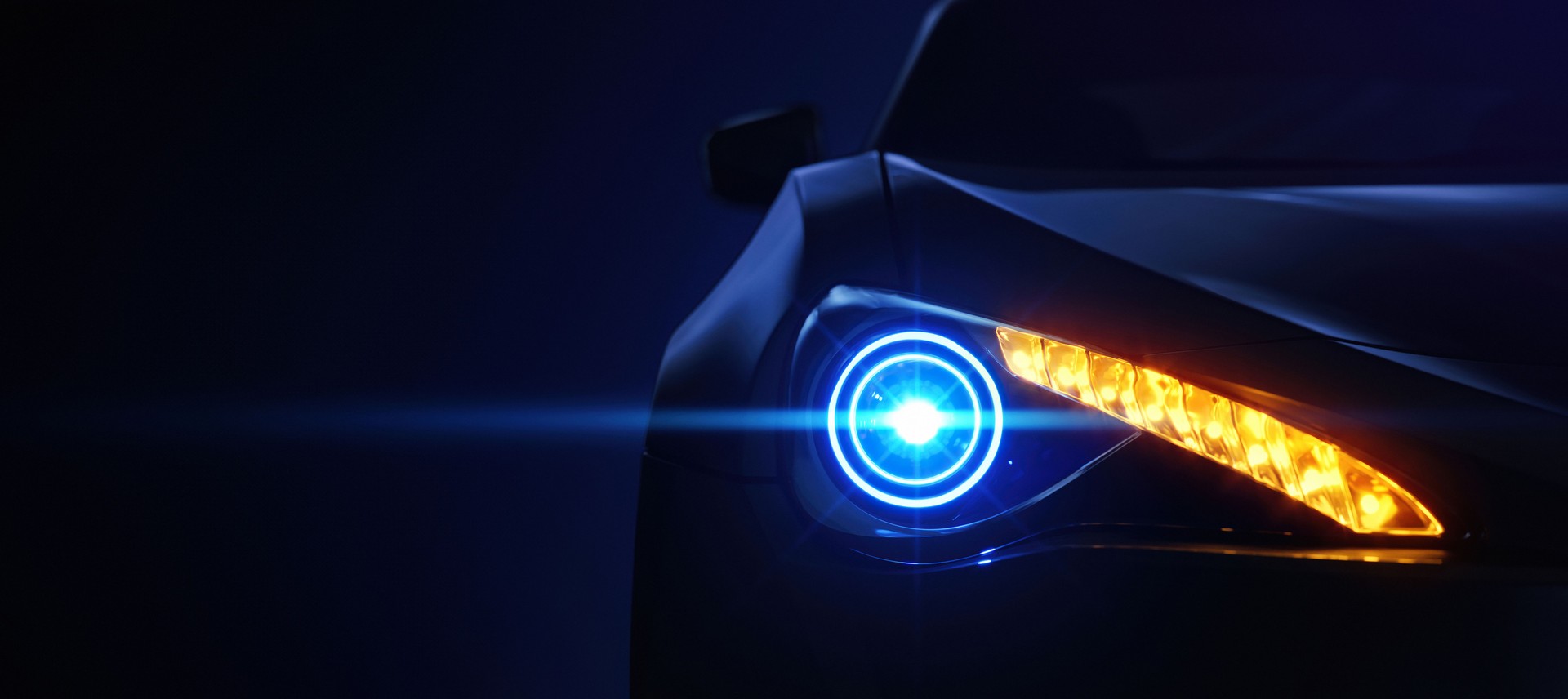 Car headlight with copy space macro view. Led or xenon lamp. Closeup of modern prestigious car. 3d illustration.